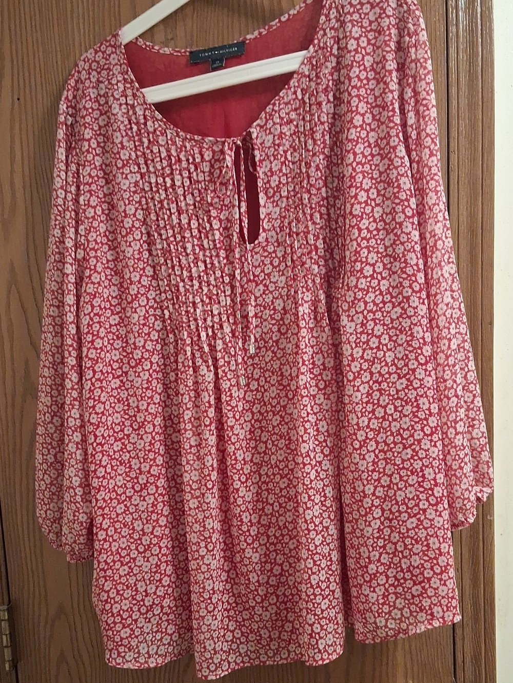 Tommy Hilfiger Red Floral Pintuck Tie-Neck Tunic